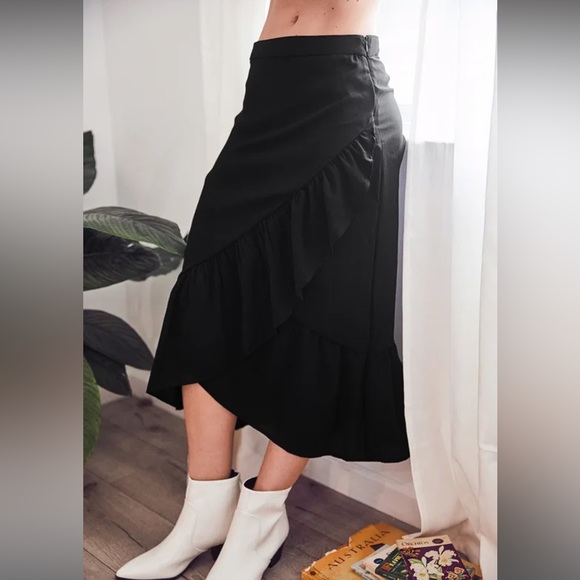 Lulus Mesmerizing Love Black Ruffled Faux Wrap Midi Skirt - Picture 5 of 7
